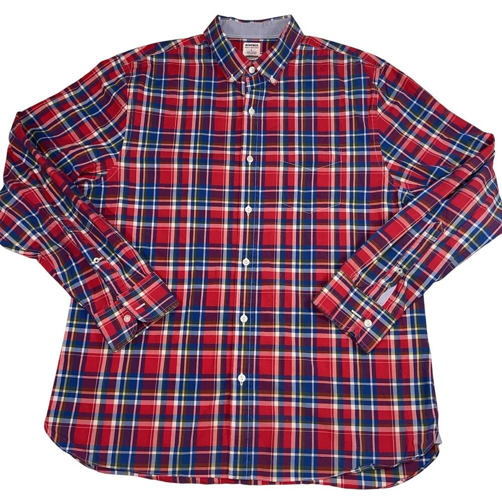 Bonobos Standard Fit Shirt Men’s Size L Red Plaid Button Down Long Sleeve Cotton